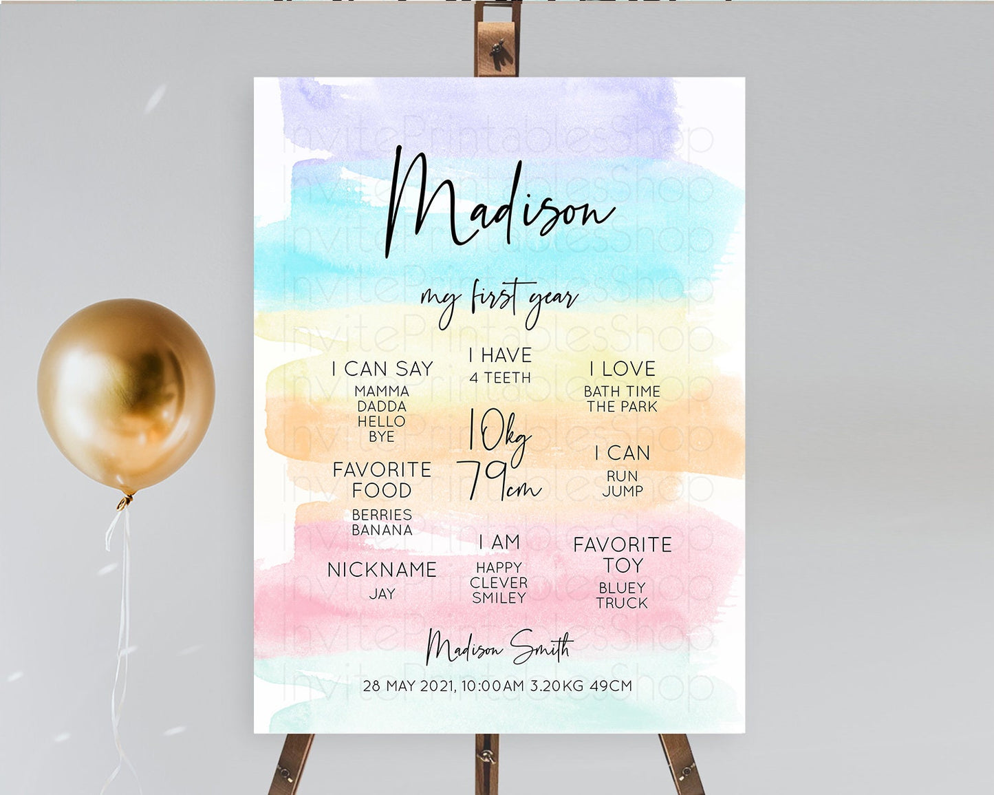 Pastel First Birthday Milestone Board Pastel Rainbow Milestone Poster Colorful Confetti Watercolor Glitter 1st Birthday Welcome Sign D10505