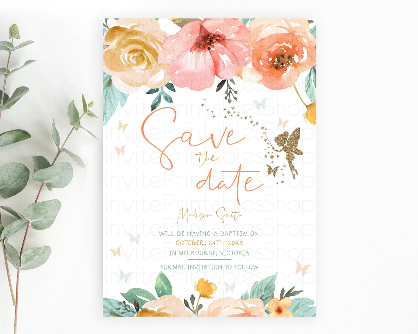 Fairy Save The Date Template Enchanted Garden Pastel Floral Butterfly Party Secret Garden Birthday Baptism Baby Shower Bridal Shower D10346