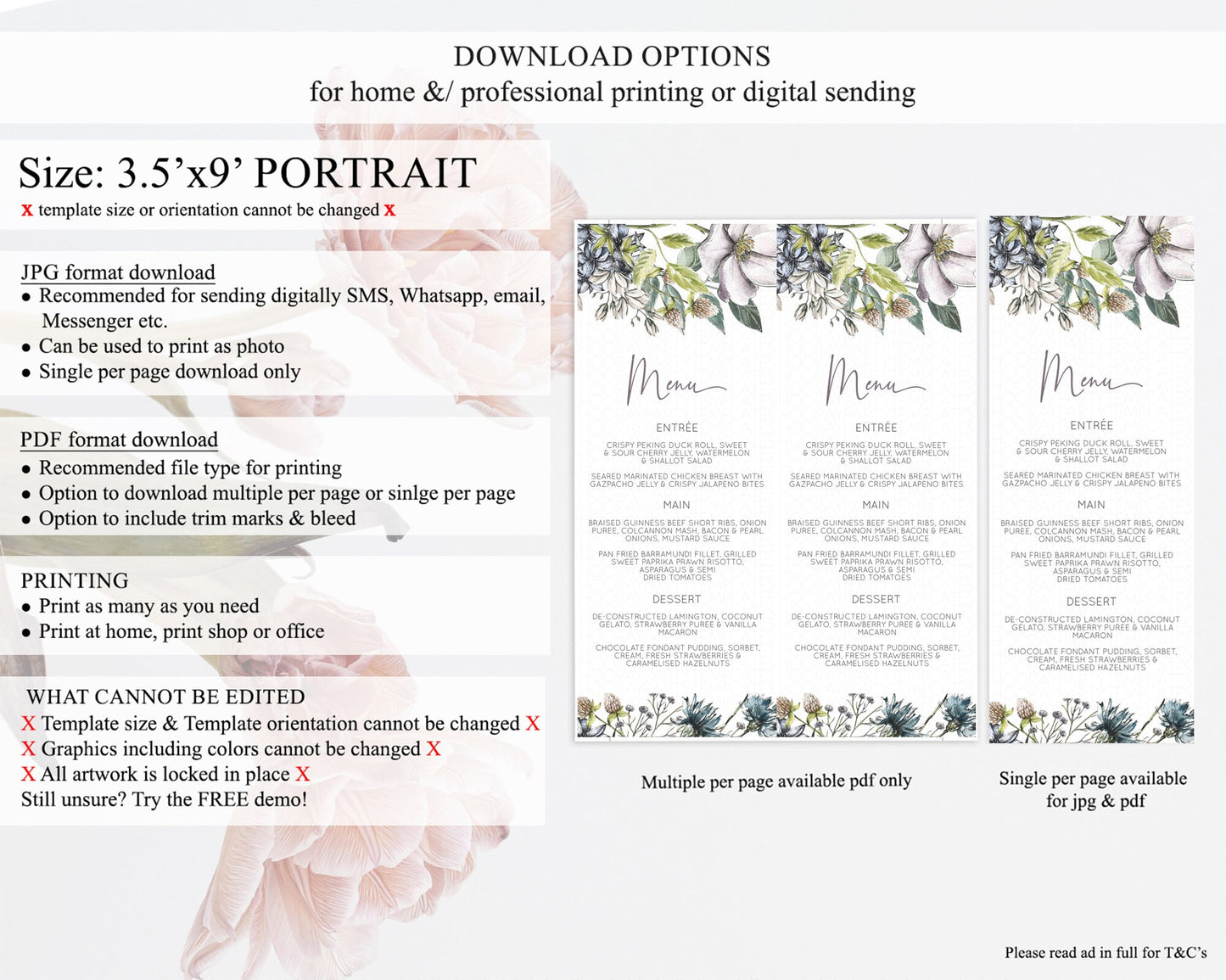 Secret Garden Menu Wildflower Menu Template Pastel Flower Garden Table Decor Boho Floral Dinner Dessert Floral Party Food Menu D10501