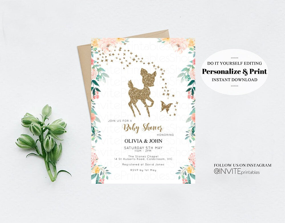 Fawn Baby Shower Invite Deer Baby Shower Invite Deer Invite Deer Party Invite Pastel Floral Invite Glitter Invite Garden Party Invite