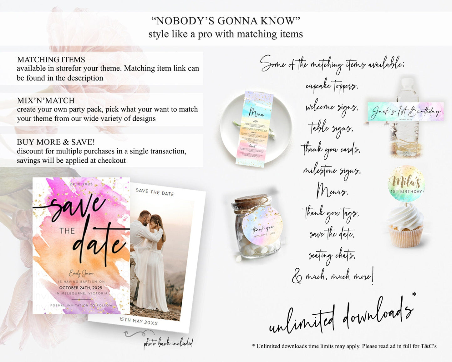 Pastel Save The Date Template Pastel Ombre Rainbow Watercolor Colorful Party For Birthday Baptism Baby Shower Wedding Bridal Shower D10488