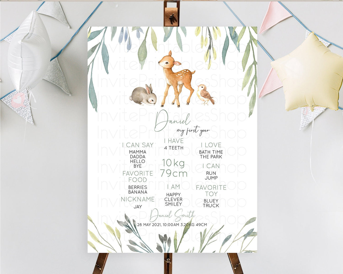 Fawn First Birthday Milestone Board Deer First Birthday Milestone Poster Enchanted Forest Butterfly Pastel Flowers 1st Birthday Sign D10919