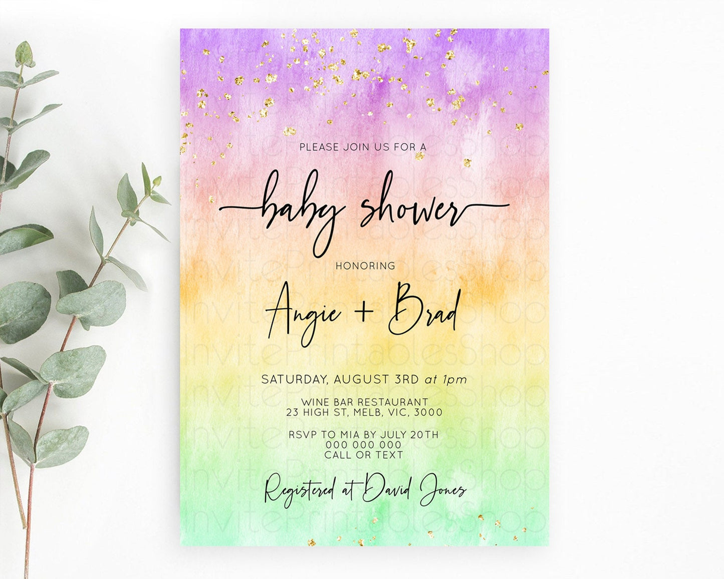 Pastel Baby Shower Invitation Rainbow Baby Shower Invitation Colorful Pastel Watercolor Invitation Gold Glitter Sprinkles Ombre D10514