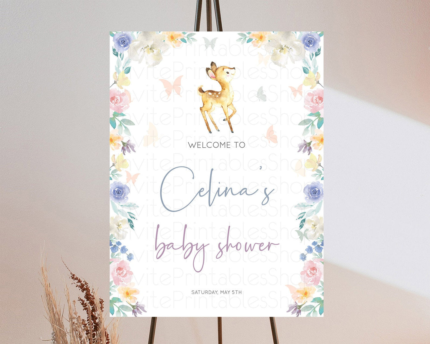 Fawn Baby Shower Welcome Sign Deer Welcome Board Floral Deer Welcome Poster Enchanted Forest Butterfly Pastel Floral Welcome Sign D11035