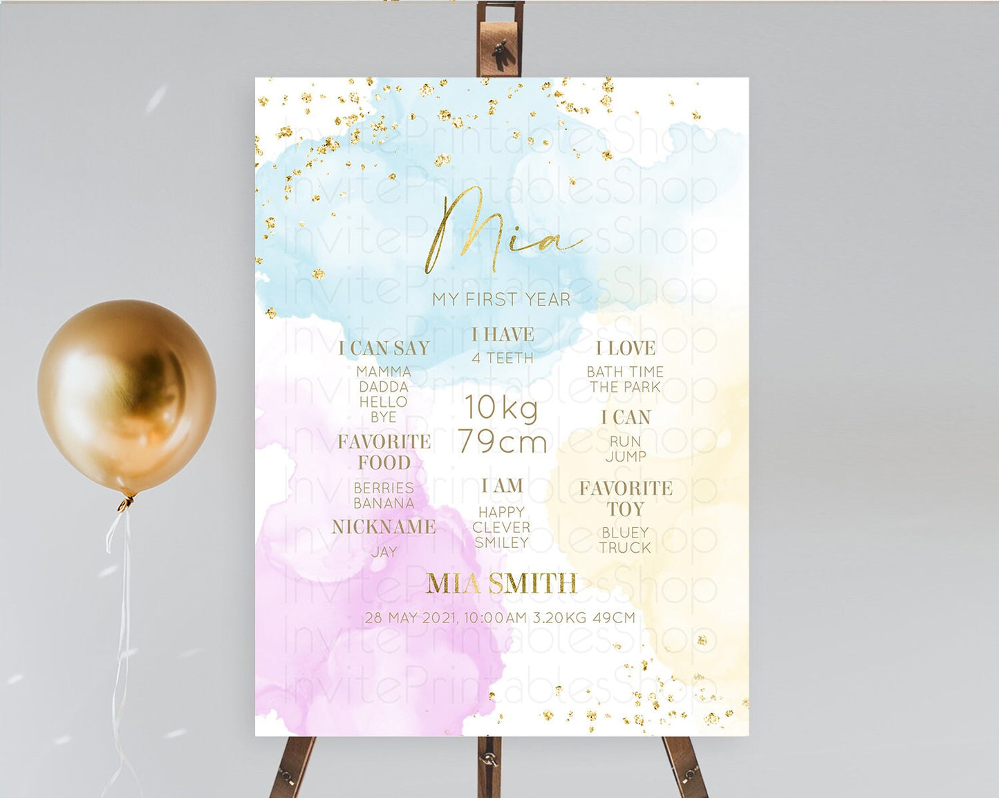 Pastel First Birthday Milestone Board Pastel Rainbow Milestone Poster Colorful Confetti Watercolor Glitter 1st Birthday Welcome Sign D10204