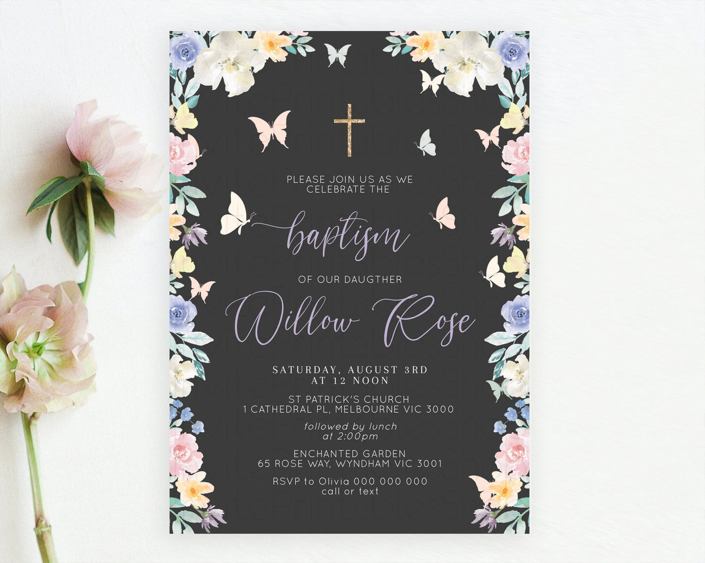 Secret Garden Baptism Invitation Wildflower Baptism Birthday Invite Pastel Flowers Christening Invite Enchanted Garden Boho Floral  D10322