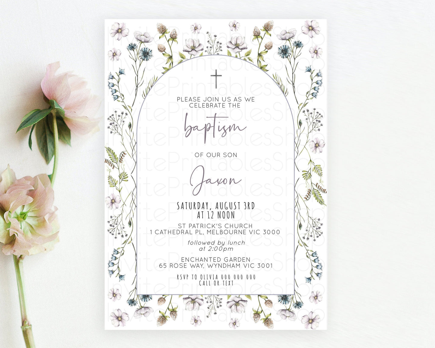 Secret Garden Baptism Invitation Wildflower Baptism Birthday Invite Pastel Flowers Christening Invite Enchanted Garden Boho Floral  D10603