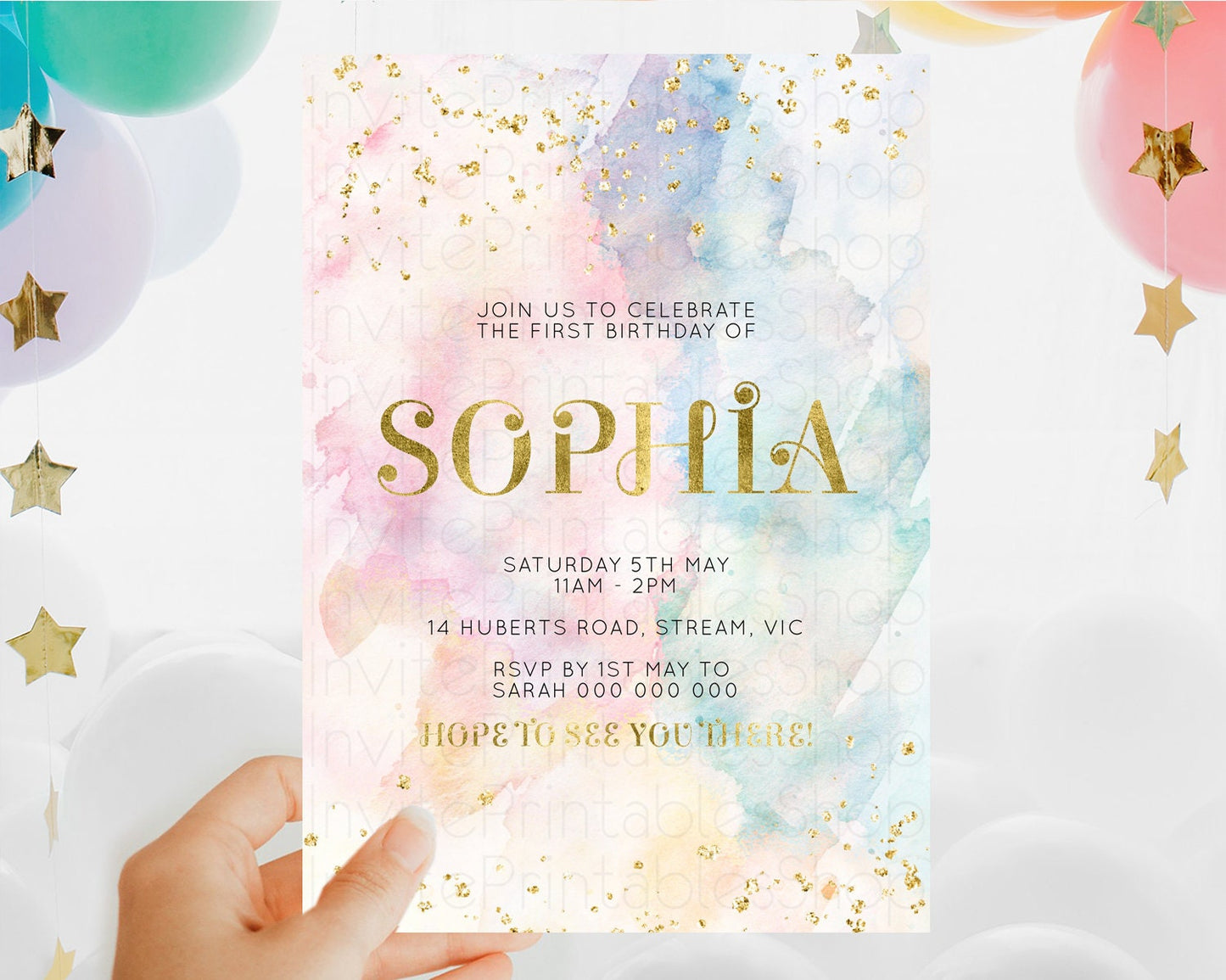 Rainbow Birthday Invitation Colorful Pastel Watercolor Invitation Gold Glitter Sprinkles Ombre Pastel 1st 2nd 3rd Birthday D10835