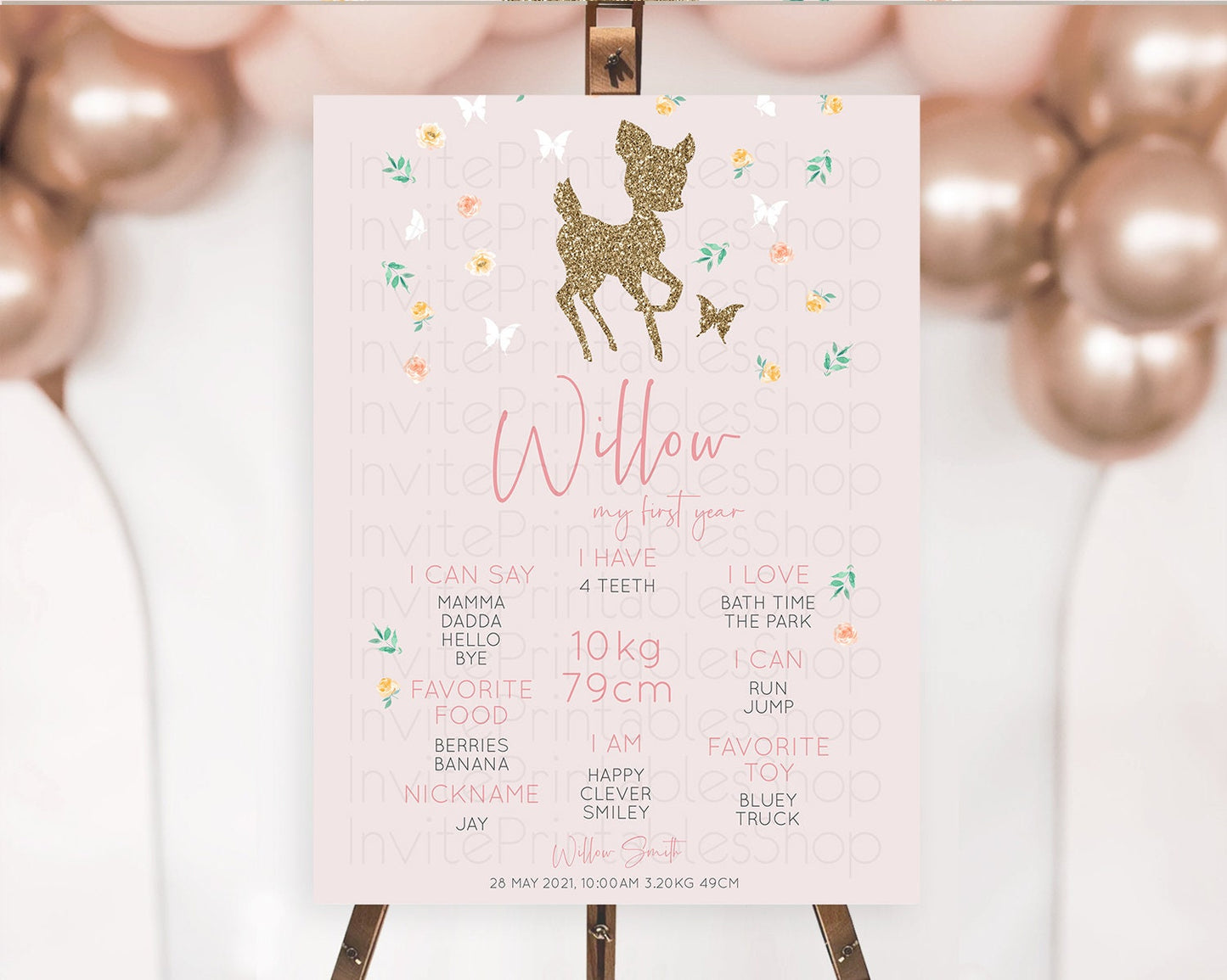 Fawn First Birthday Milestone Board Deer First Birthday Milestone Poster Enchanted Forest Butterfly Pastel Flowers 1st Birthday Sign D10386