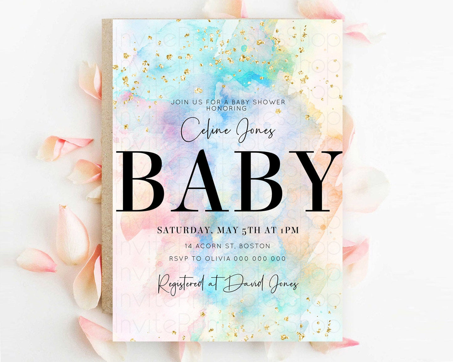 Pastel Baby Shower Invitation Rainbow Baby Shower Invitation Colorful Pastel Watercolor Invitation Gold Glitter Sprinkles Ombre D10266