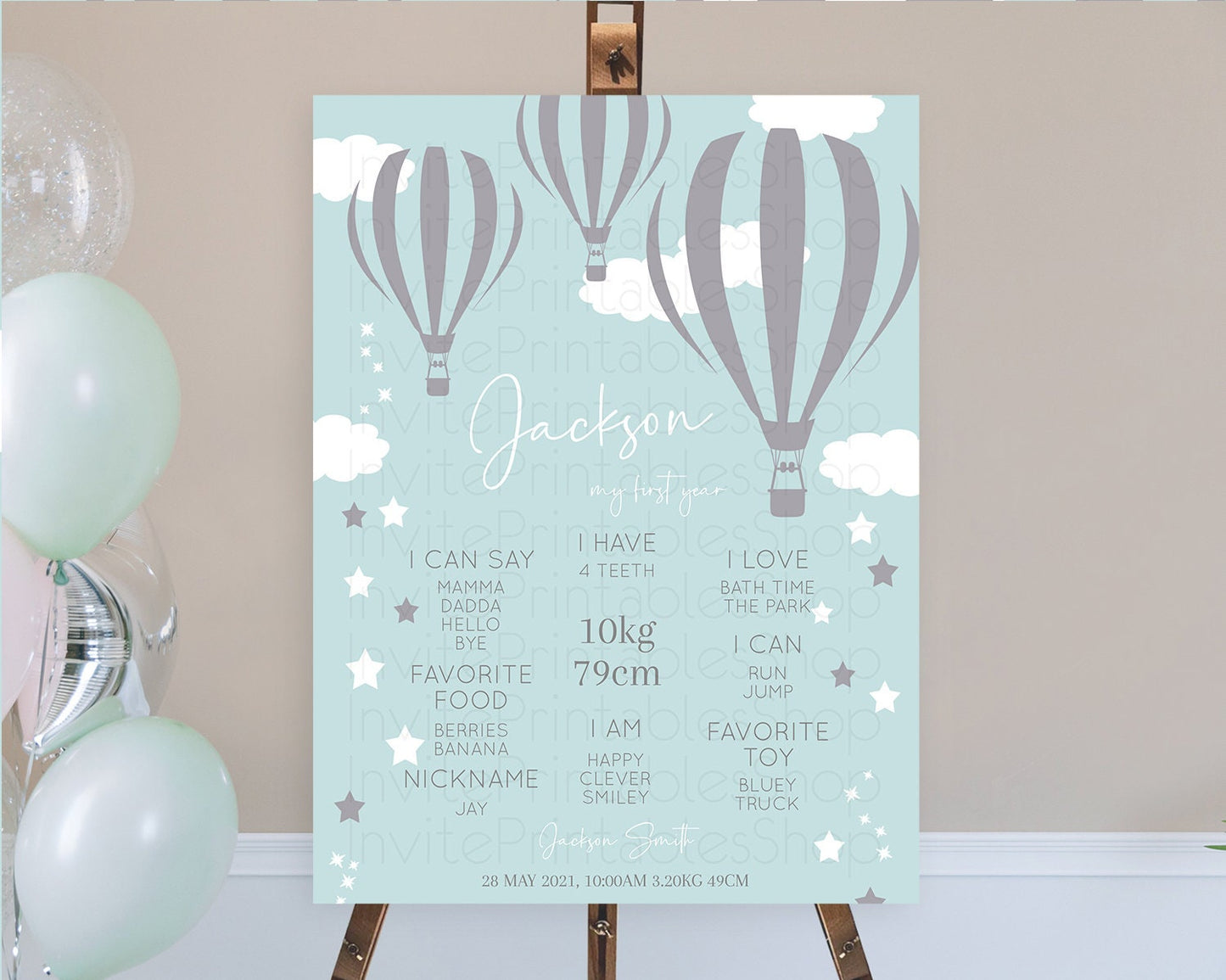 Hot Air Balloon First Birthday Milestone Poster Hot Air Balloon Milestone Board Adventure Awaits Blue Watercolor 1st Birthday Boy D10324