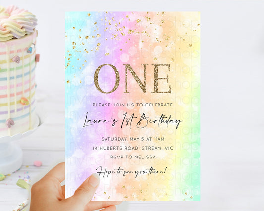 Rainbow Birthday Invitation Colorful Pastel Watercolor Invitation Gold Glitter Sprinkles Ombre Pastel 1st 2nd 3rd Birthday D10647