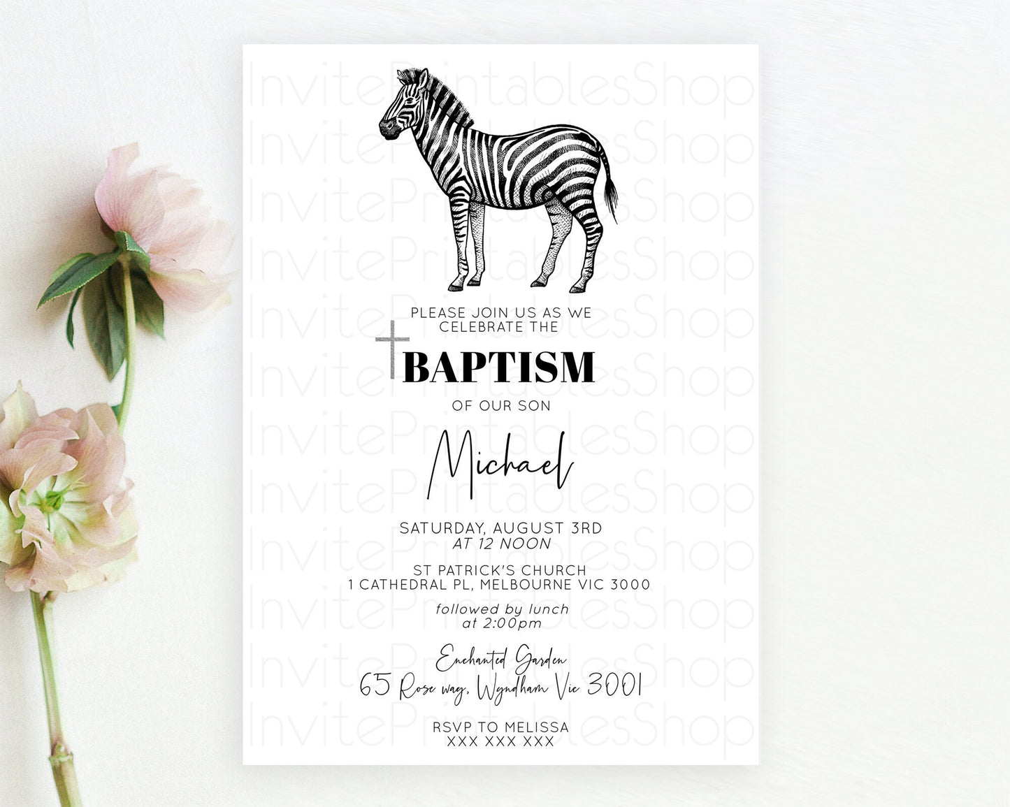 Zebra Baptism Invitation Zebra Baptism 1st Birthday Invitation Jungle Safari Christening Invite Watercolor Tropical Zoo Adventure D10249