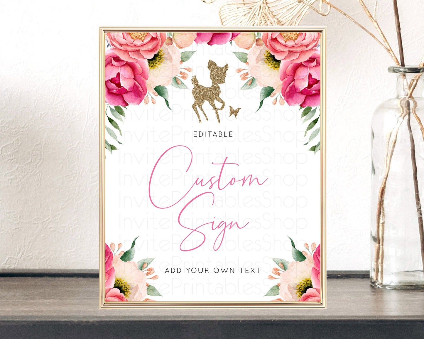 Fawn Deer Sign Pastel Floral Deer Table Sign Decor Enchanted Forest Butterfly Party 1st Birthday Baptism Baby Shower Bridal Shower D10326