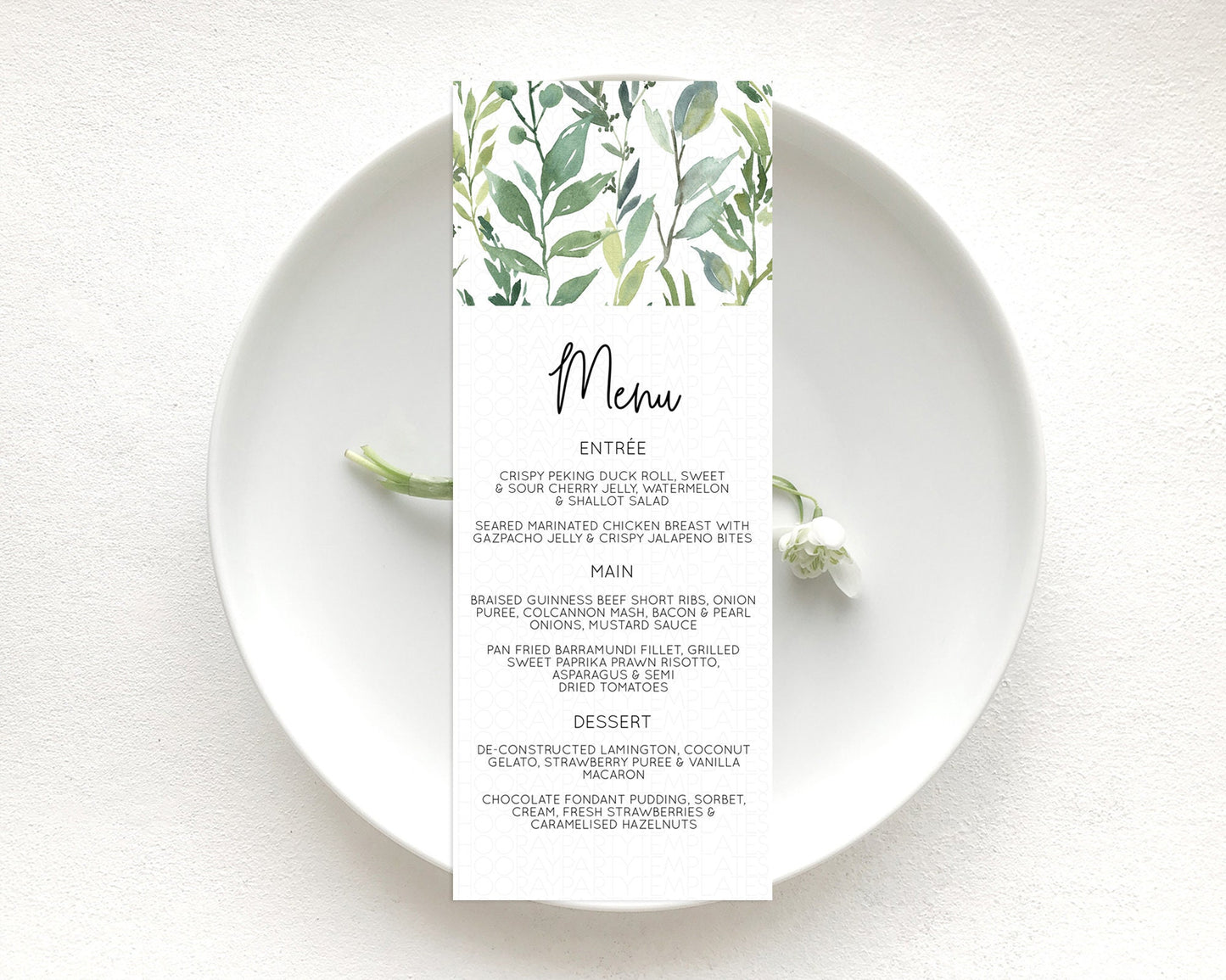 Leafy Menu Green Leaf Menu Template Eucalyptus Fern Leaves Decor Watercolor Boho Garden Leaf Branch Dinner Dessert Party Food Menu D10964