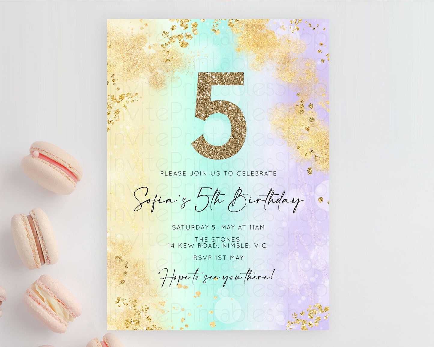 Rainbow Birthday Invitation Colorful Pastel Watercolor Invitation Gold Glitter Sprinkles Ombre Pastel 1st 2nd 3rd Birthday D10672