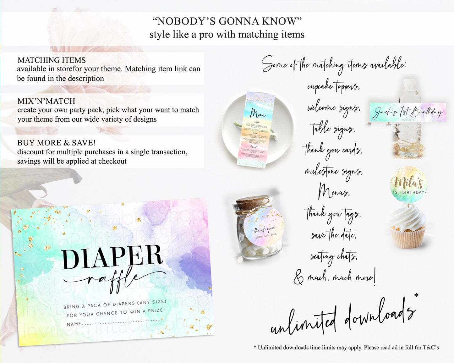 Pastel Diaper Raffle Card Pastel Rainbow Diaper Raffle Insert Colorful Ombre Watercolor Diaper Ticket Confetti Glitter Raffle Game D10157