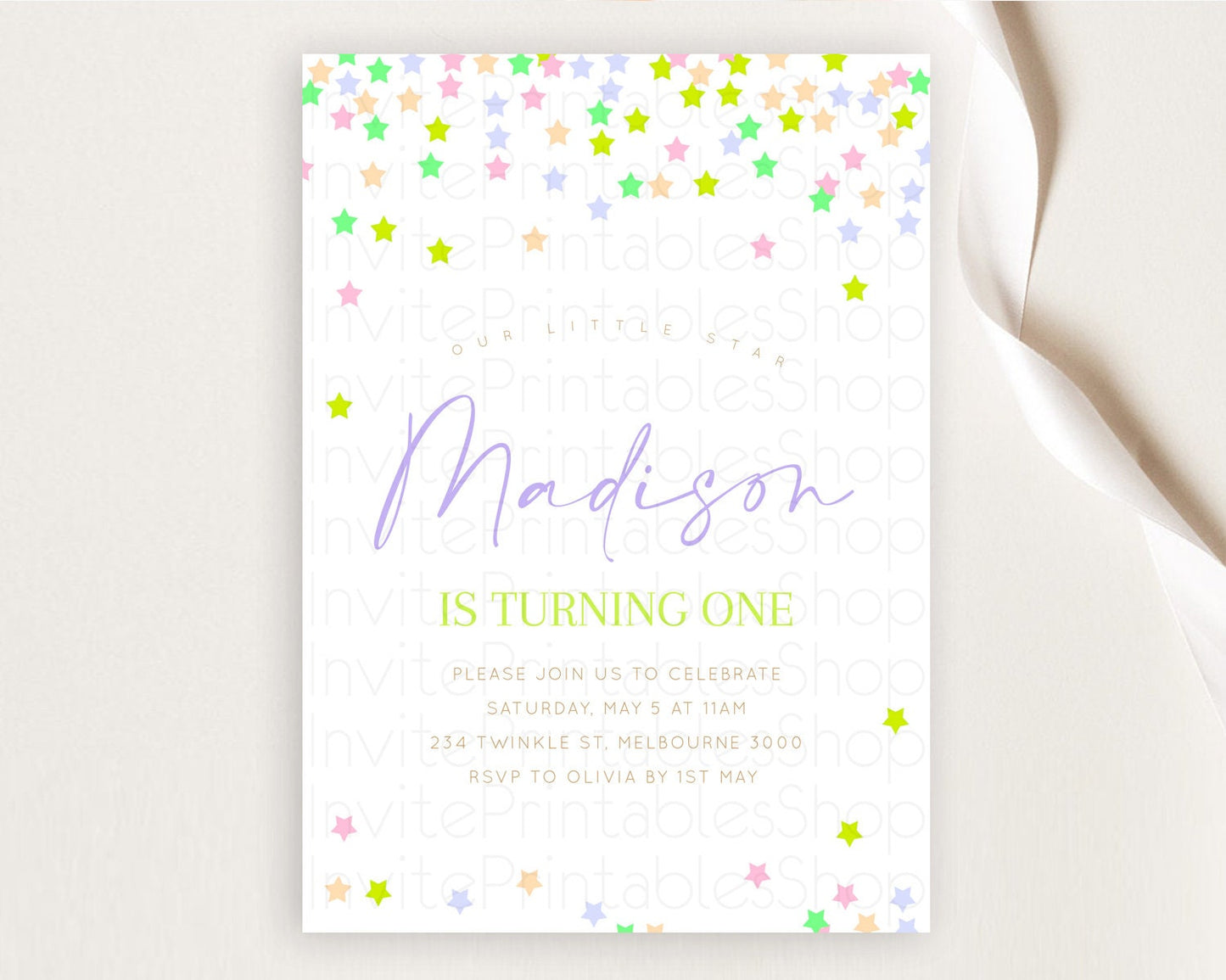 Star Birthday Invitation Pastel Stars Invite Shooting Star Party Rainbow Colorful Confetti Twinkle Little Star 2nd First Birthday D10396