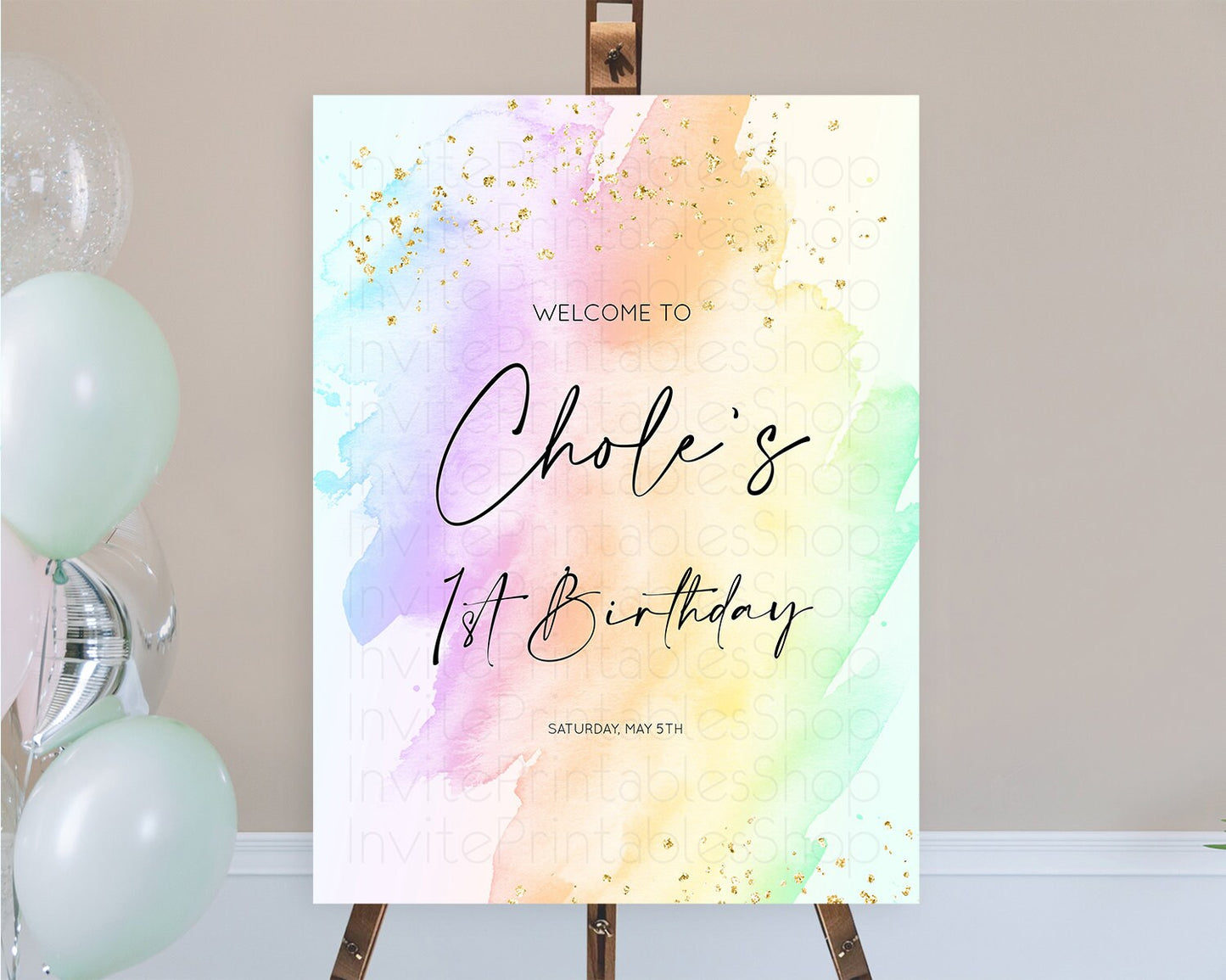 Pastel Welcome Sign Pastel Rainbow Welcome Sign Colorful Rainbow Confetti Watercolor Glitter Pastel First Birthday Welcome Sign D10645