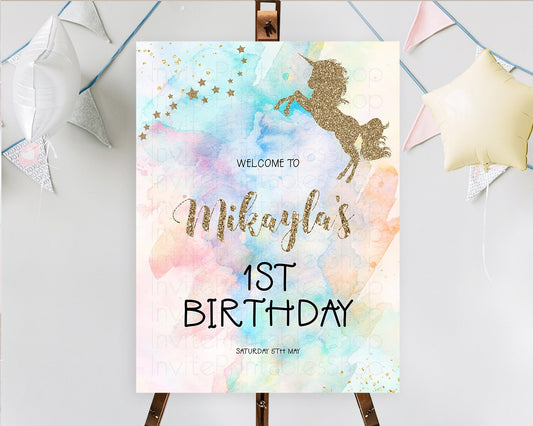 Editable Unicorn Rainbow Birthday Welcome Board Pastel Unicorn Welcome Sign
