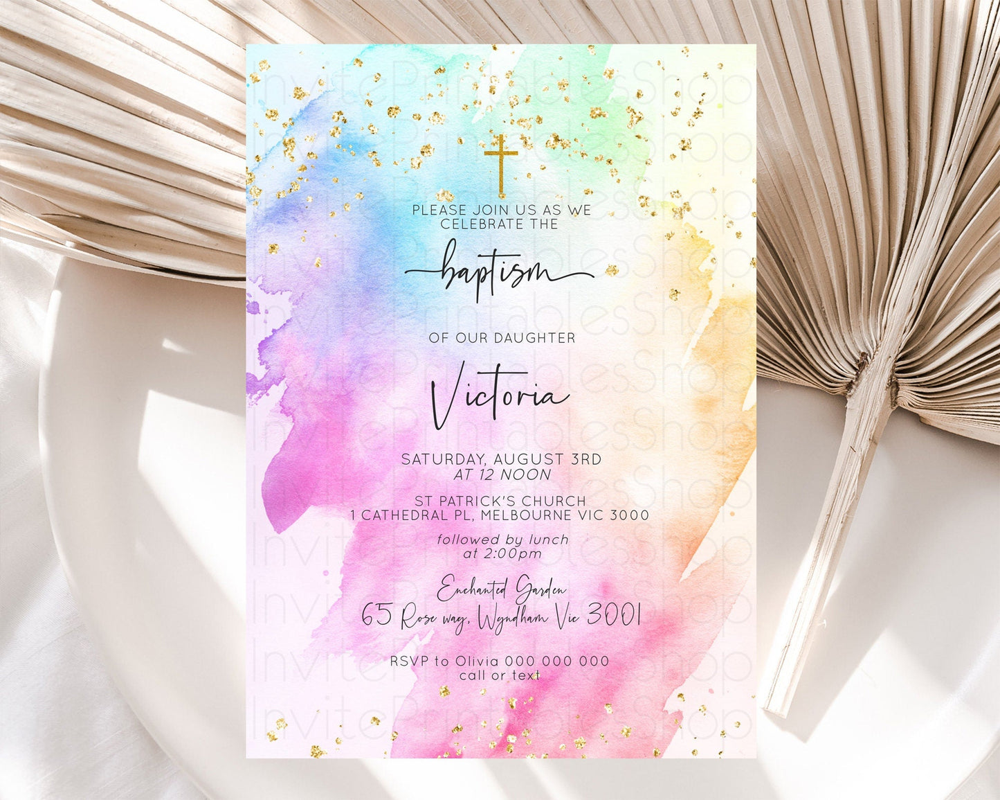 Pastel Baptism Invitation Pastel Colors Watercolor Baptism 1st Birthday Party Gold Ombre Pastel Rainbow Christening Holy Communion D10449