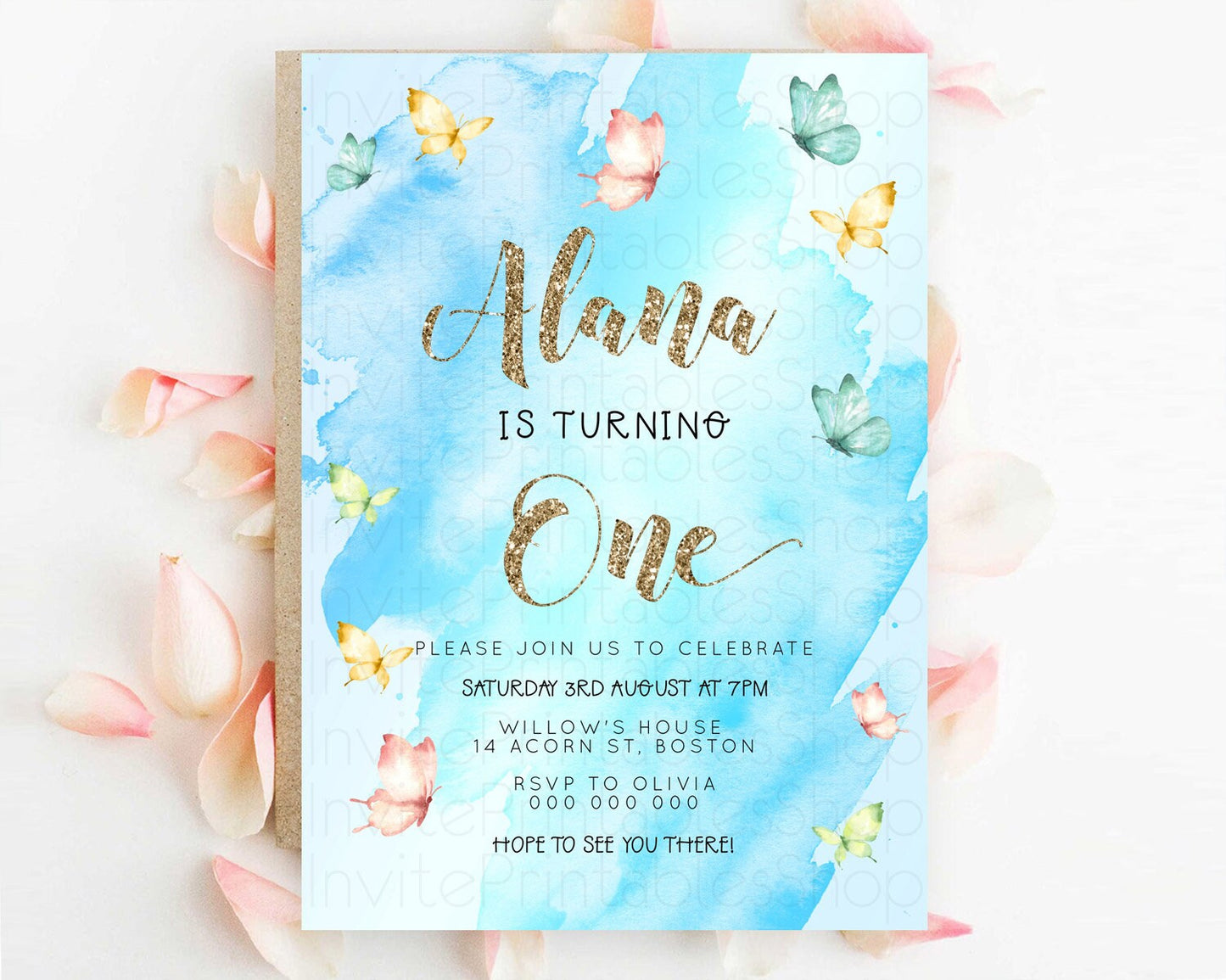 Blue Birthday Invitation Blue Watercolor Invitation Pastel Blue Watercolor Invitation Blue Splash Gold Invitation 1st First Birthday D23260