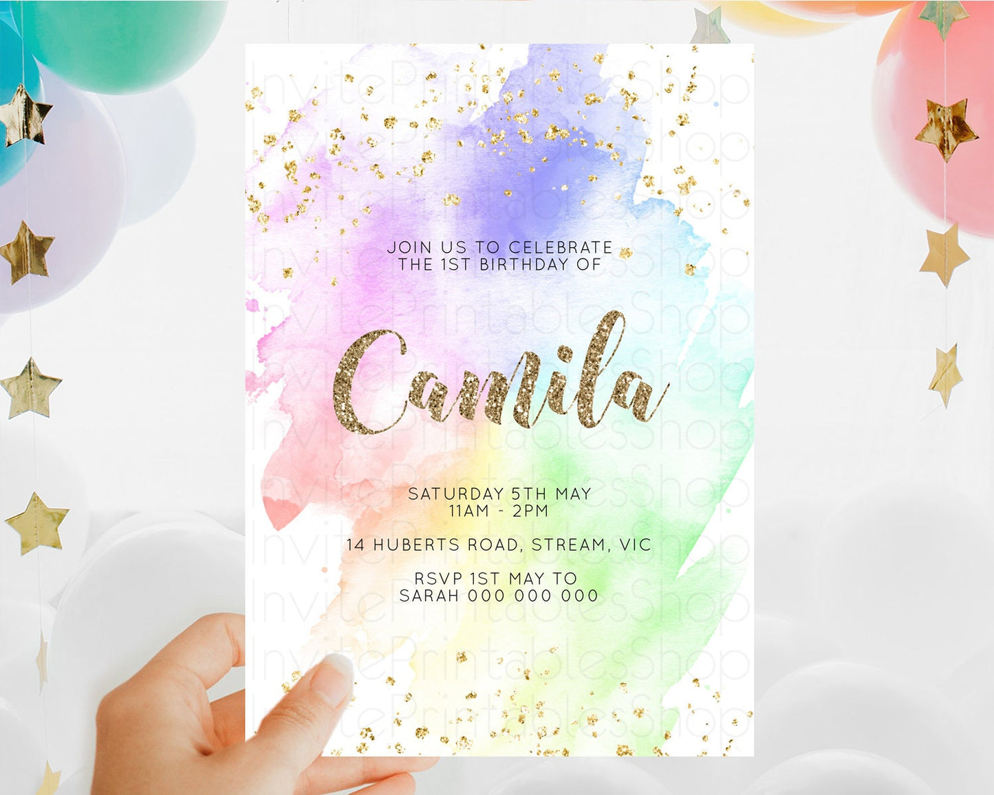 Rainbow Birthday Invitation Colorful Pastel Watercolor Invitation Gold Glitter Sprinkles Ombre Pastel 1st 2nd 3rd Birthday D10319