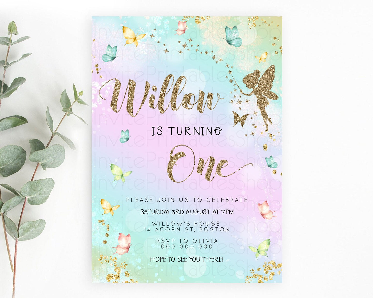 Pastel Fairy Birthday Invitation Pastel Butterflies Fairy Birthday Invitation Rainbow Ombre Watercolor 1st 2nd Birthday Invitation D23162