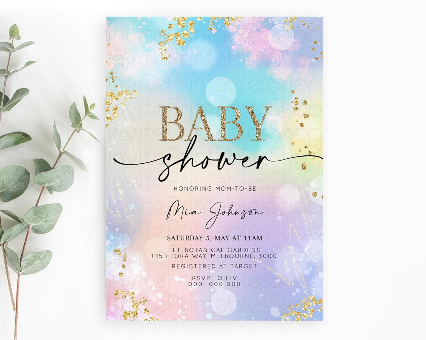 Pastel Rainbow Baby Shower Invitation, Pastel Watercolor with Iridescent Confetti Glitter Sprinkles - Colorful Blue, Purple, Yellow D10675