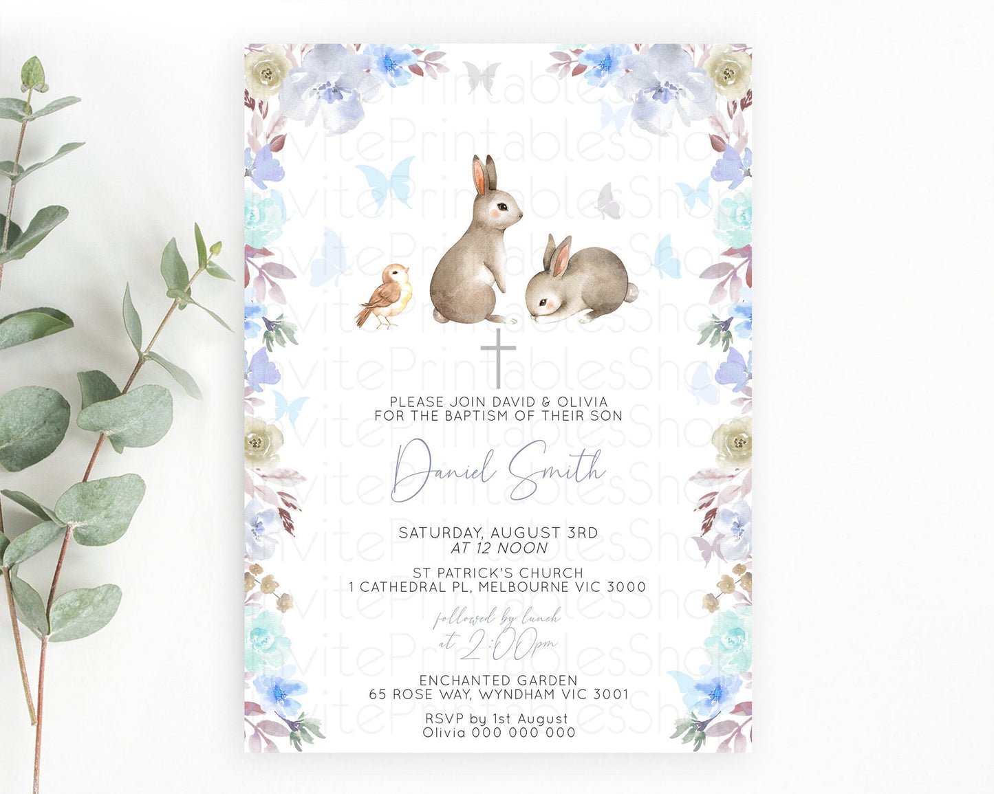 Bunny Baptism Invitation Floral Bunny Baptism 1st Birthday Invitation Pastel Bunny Christening Invite Watercolor Forest Bunny Party  D10927