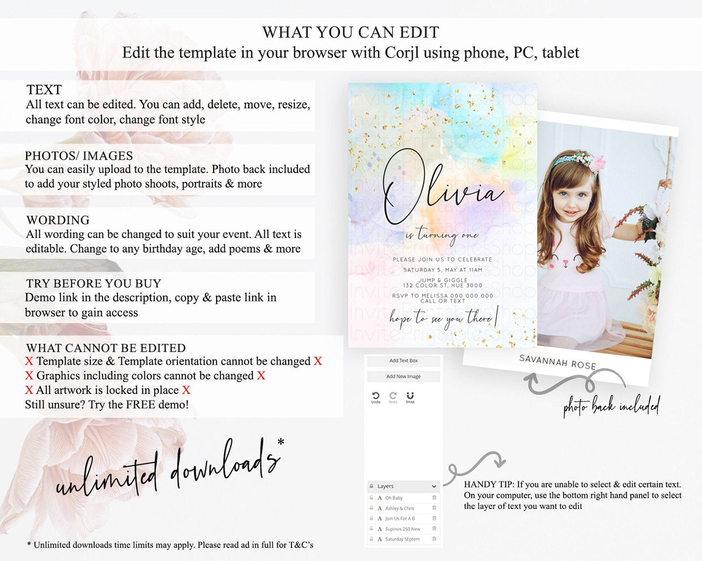 Rainbow Birthday Invitation Colorful Pastel Watercolor Invitation Gold Glitter Sprinkles Ombre Pastel 1st 2nd 3rd Birthday D10769