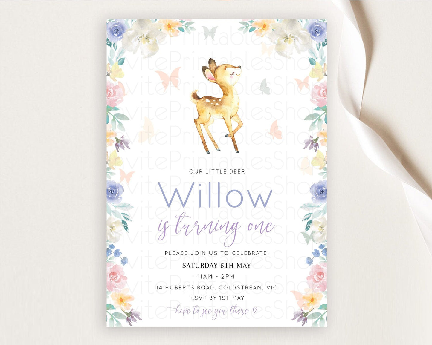 Fawn Birthday Invitation Deer Birthday Invitation Enchanted Forest Party Butterfly Pastel Flowers Whimsical 2nd 1st First Birthday D10965