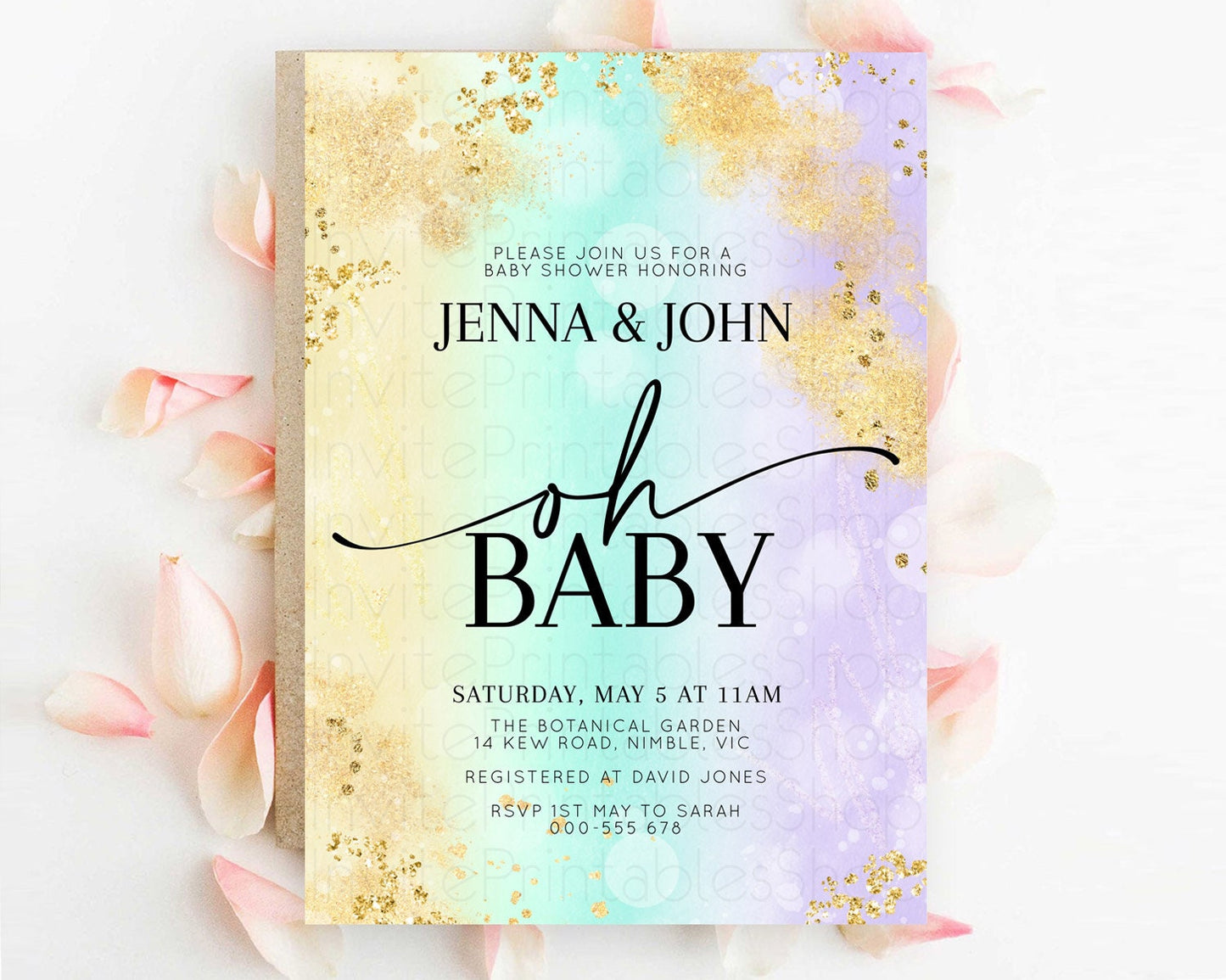 Pastel Baby Shower Invitation Rainbow Baby Shower Invitation Colorful Pastel Watercolor Invitation Gold Glitter Sprinkles Ombre D10672