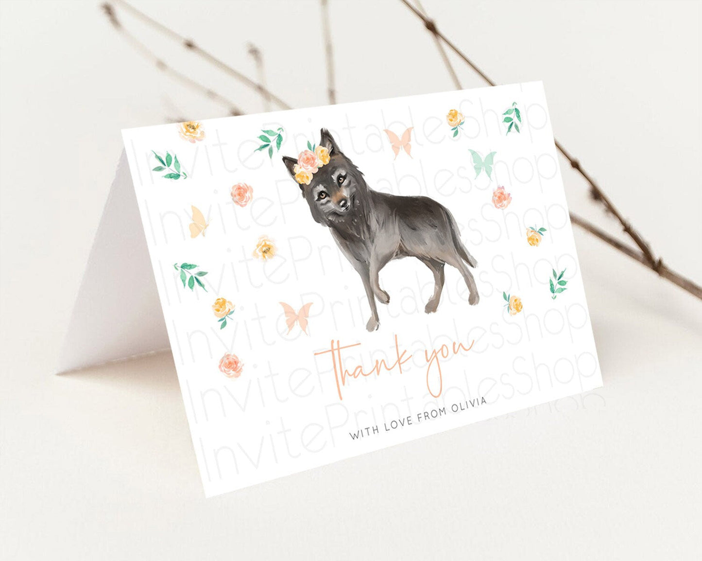Wolf Thank You Wolf Thank You Card Pastel Floral Wolf Birthday Thank You Card Forest Wolf Party Decor Wolf Birthday Thank You Cards D10362