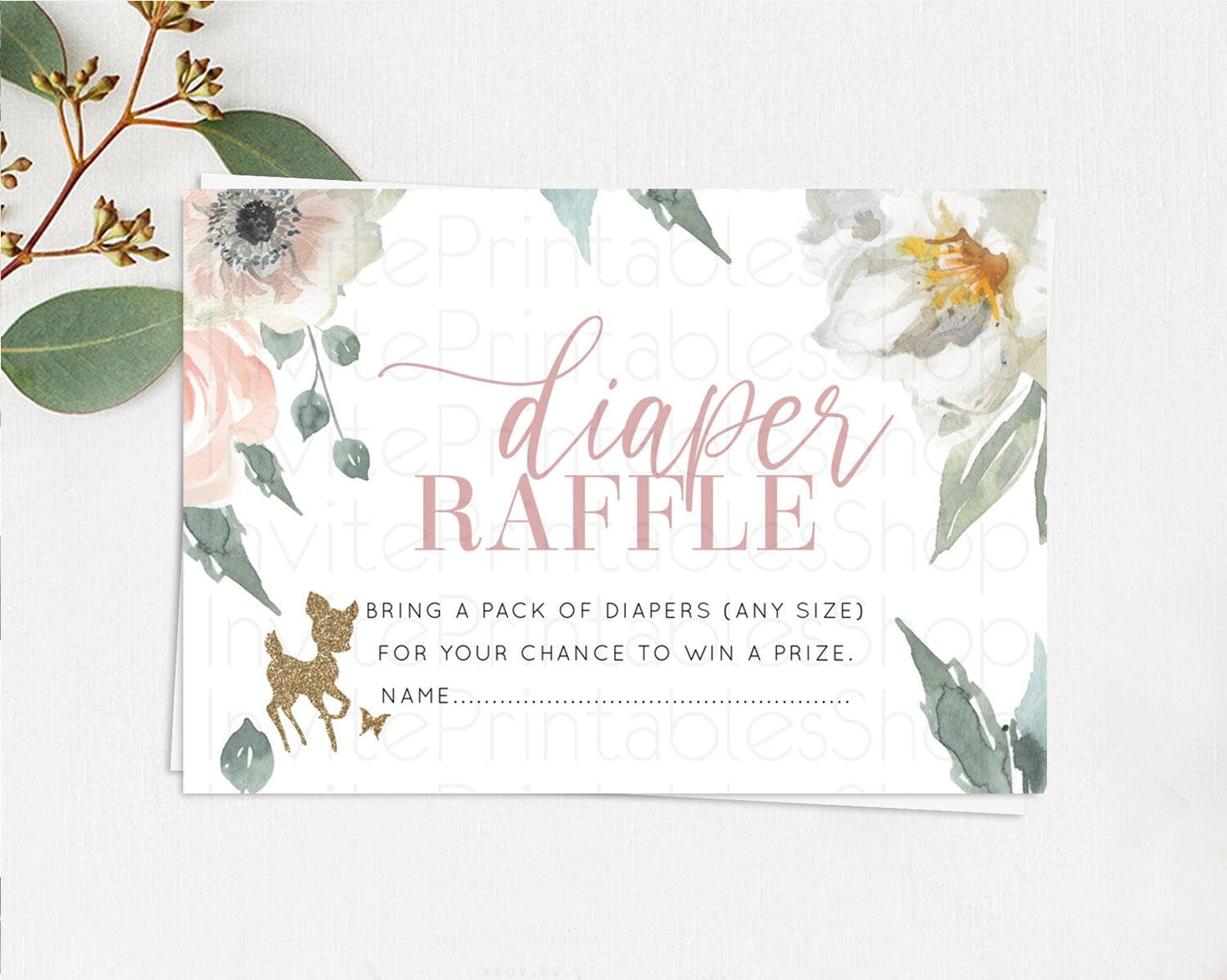 Fawn Diaper Raffle Card Deer Diaper Insert Floral Deer Diaper Ticket Enchanted Forest Butterfly Pastel Baby Shower Raffle Game D10120