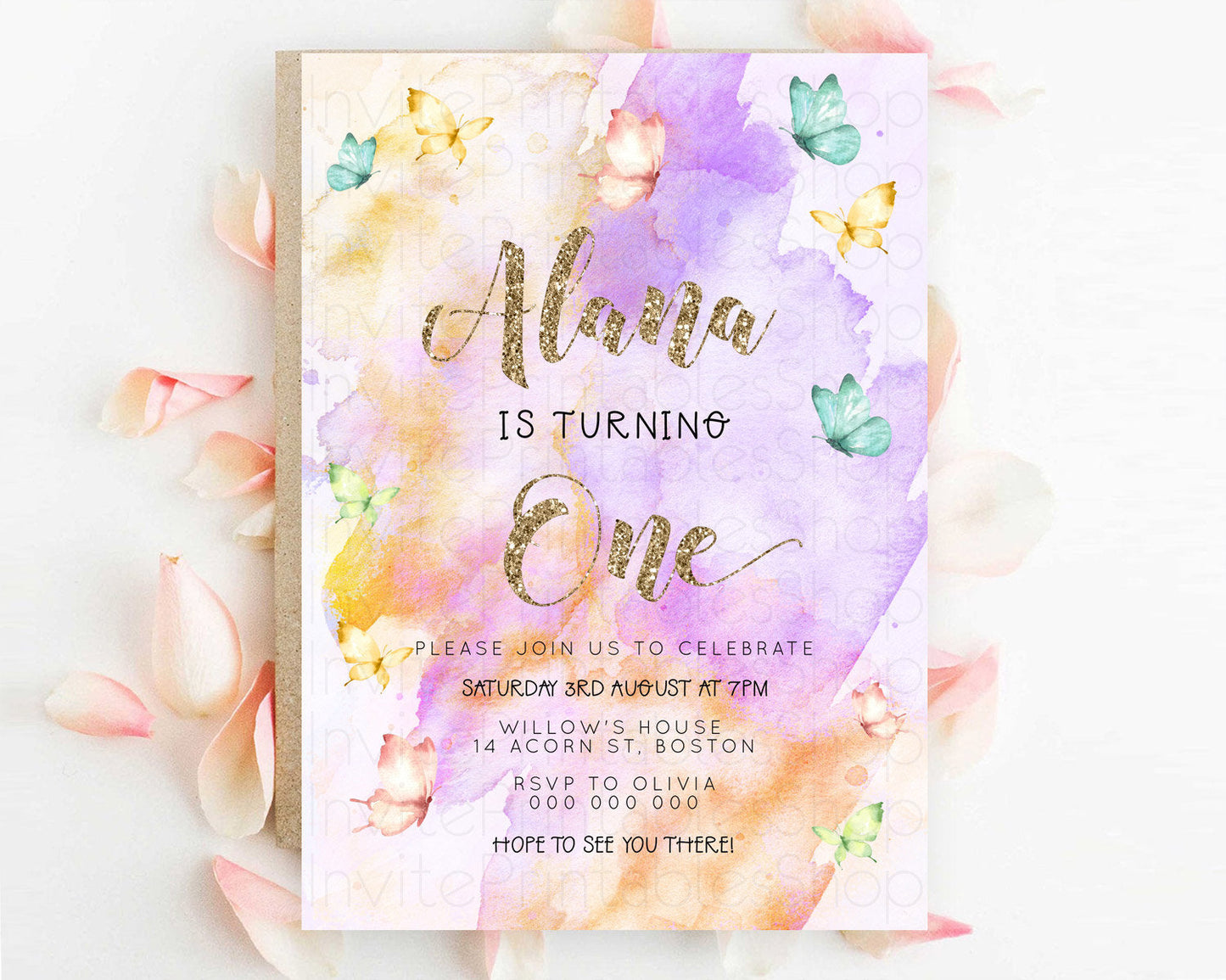 Pastel Butterfly Birthday Invitation Butterfly Birthday Invitation Colorful Splash Glitter Butterfly Garden 1st 2nd Birthday D23253