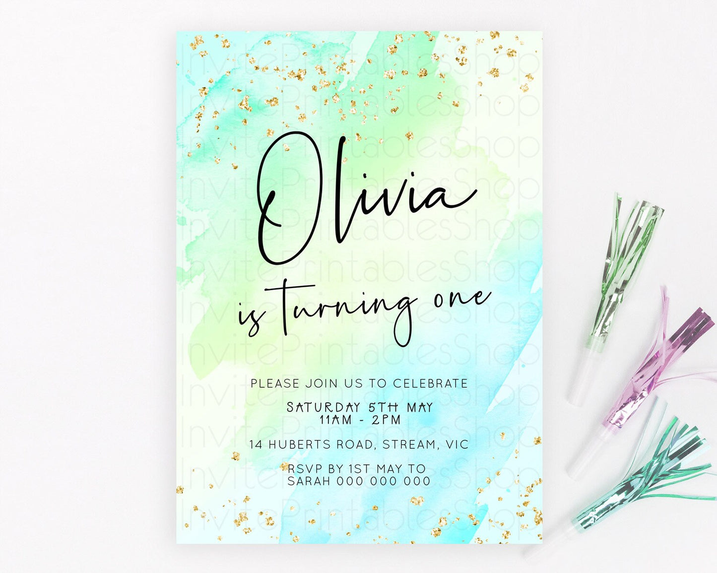 Green Birthday Invitation green Watercolor Invitation Pastel green Watercolor Invitation green Splash Gold Invitation First Birthday D23056