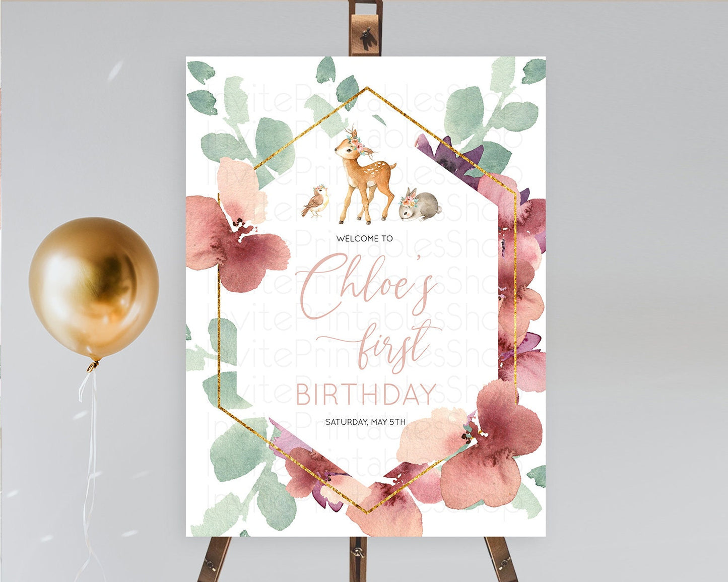 Fawn Welcome Sign Deer Welcome Board Floral Deer Welcome Poster Enchanted Forest Butterfly Pastel Floral First Birthday Welcome Sign D10913