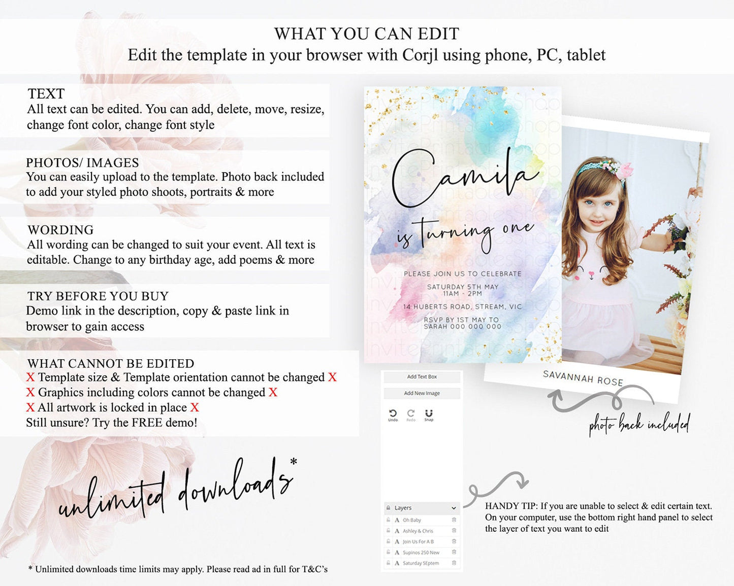 Rainbow Birthday Invitation Colorful Pastel Watercolor Invitation Gold Glitter Sprinkles Ombre Pastel 1st 2nd 3rd Birthday D10422