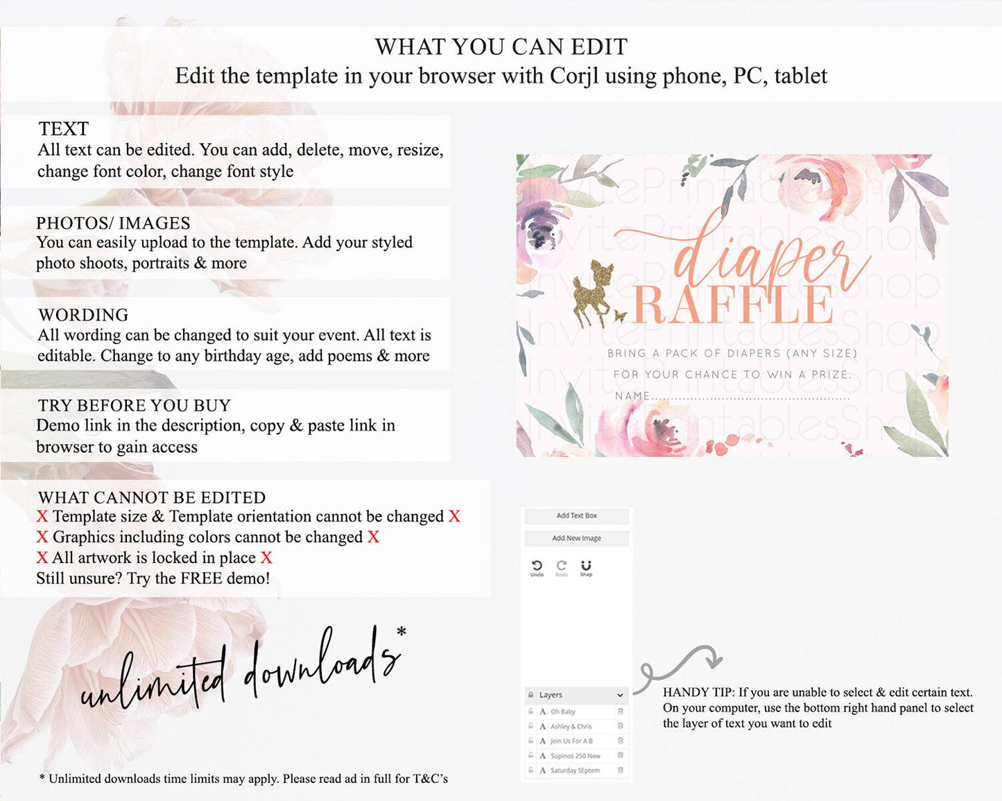 Fawn Diaper Raffle Card Deer Diaper Insert Floral Deer Diaper Ticket Enchanted Forest Butterfly Pastel Baby Shower Raffle Game D10196