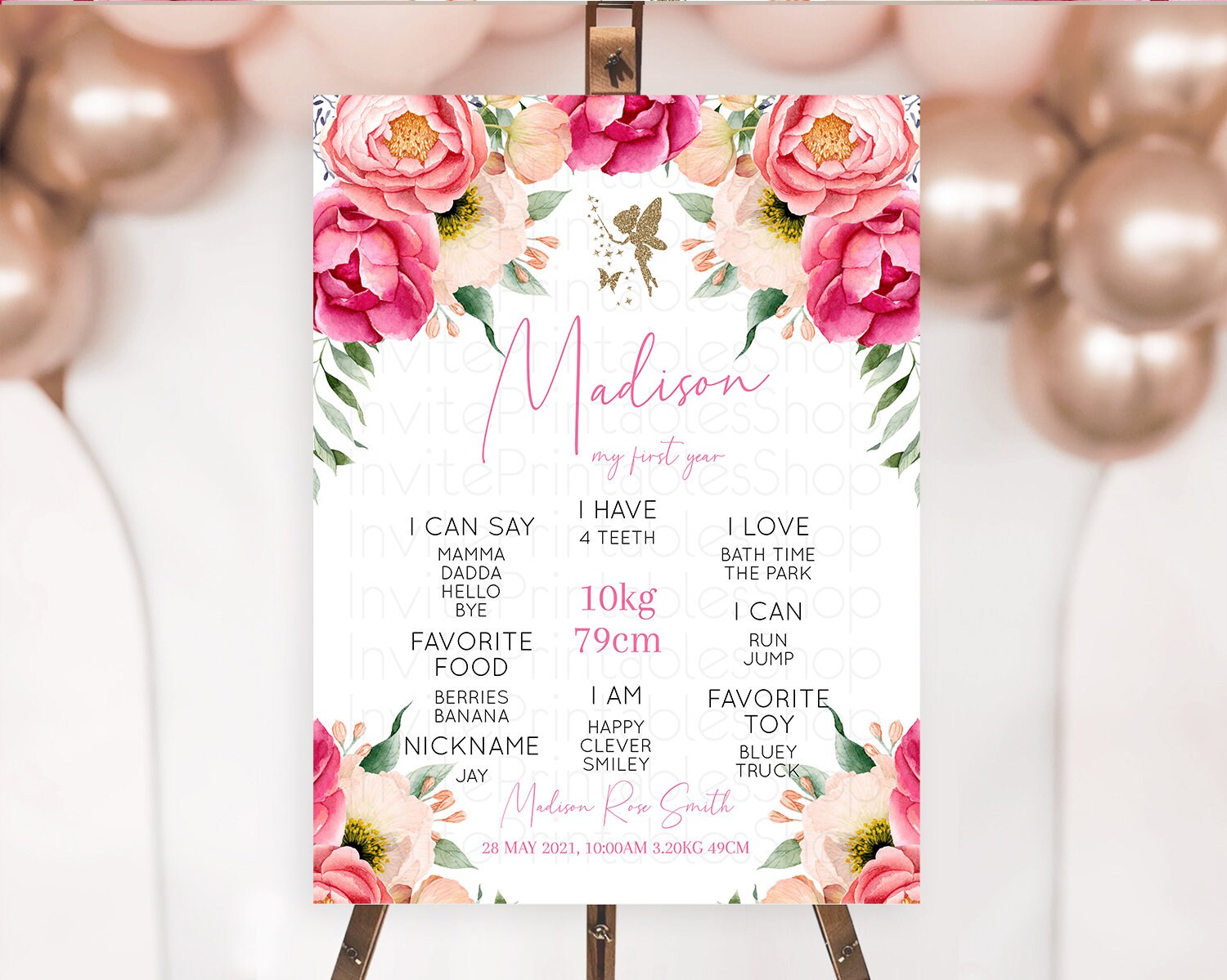Editable Fairy First Birthday Milestone Poster Fairy Secret Garden Milestone