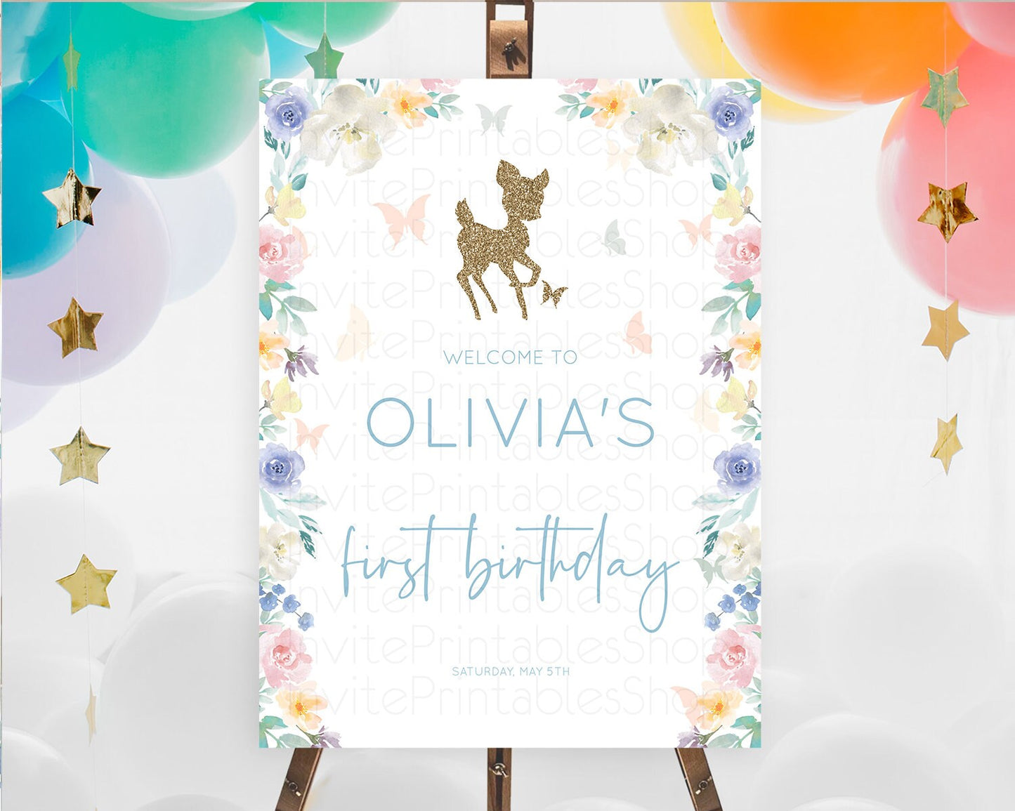 Fawn Welcome Sign Deer Welcome Board Floral Deer Welcome Poster Enchanted Forest Butterfly Pastel Floral First Birthday Welcome Sign D10878