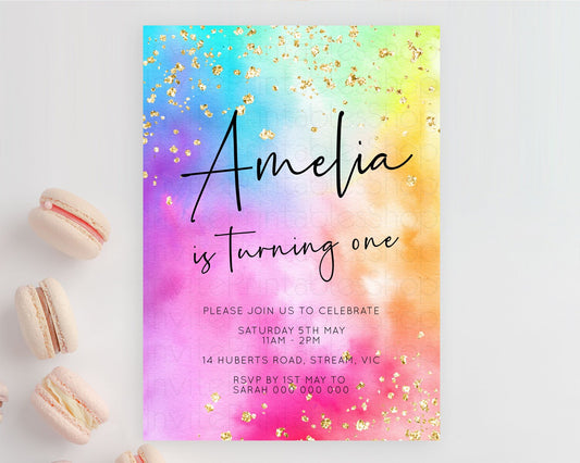 Tie Dye Invitation Rainbow Birthday Invitation Pastel Invitation Colorful Invitation Pastel Rainbow Party 3rd 2nd 1st First Birthday D10456