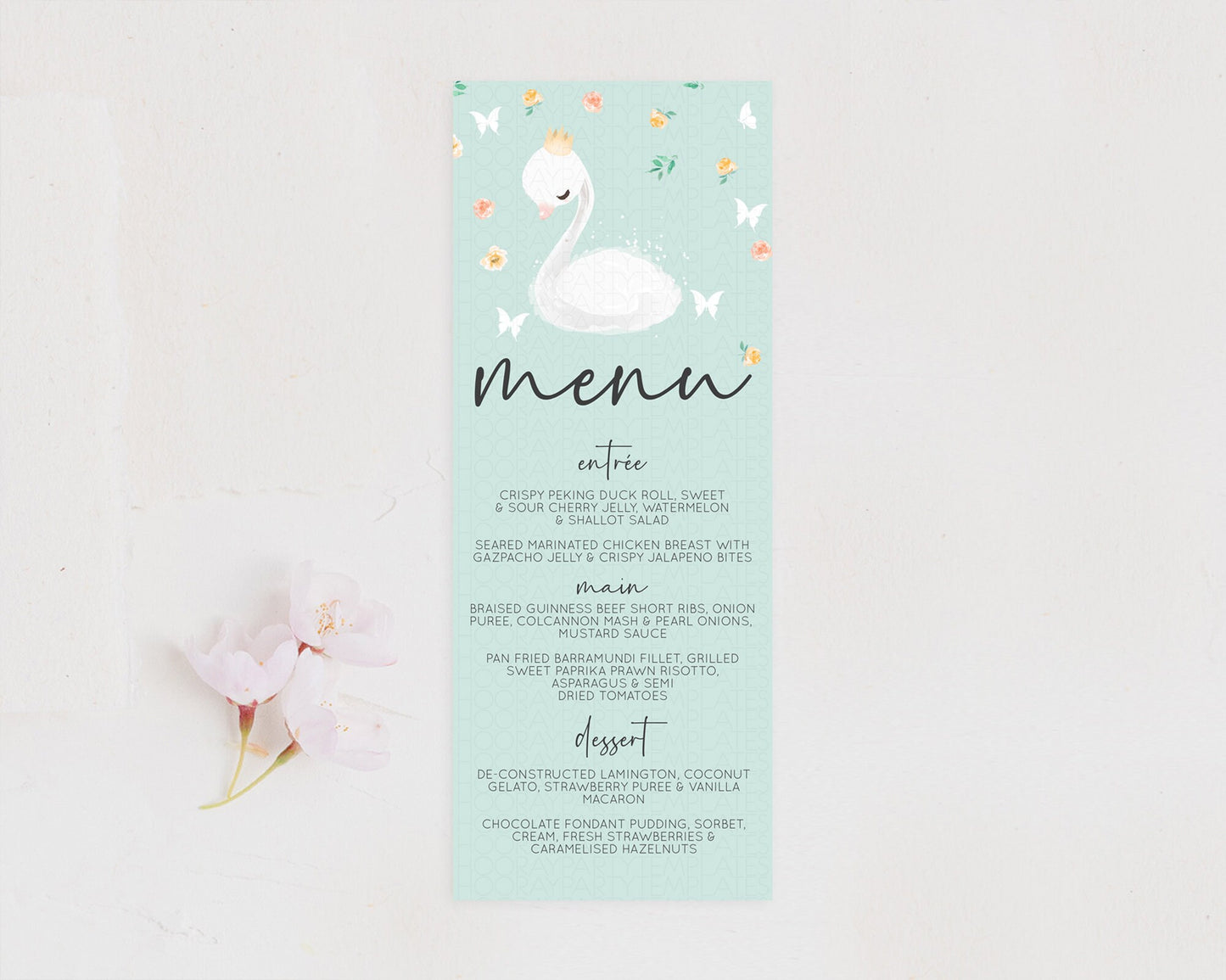 Swan Menu Swan Princess Ballet Menu Template Enchanted Swan Lake Table Decor Secret Garden Pastel Floral Dinner Dessert Food Menu  D10905