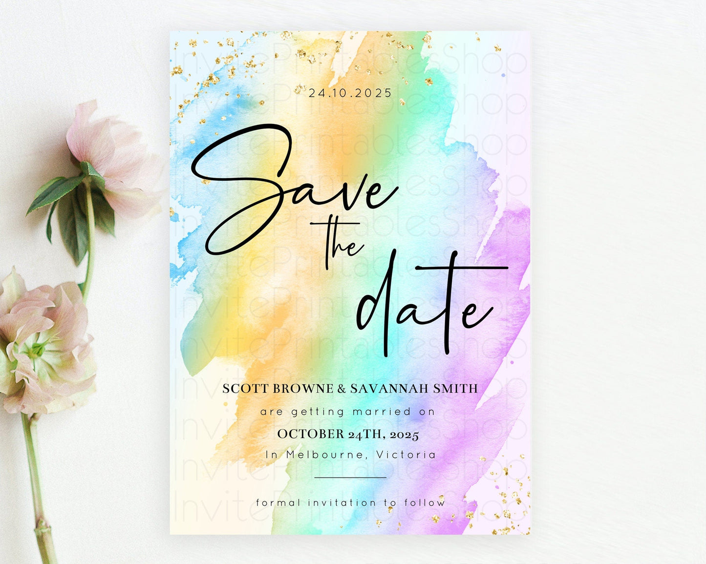 Pastel Save The Date Template Pastel Ombre Rainbow Watercolor Colorful Party For Birthday Baptism Baby Shower Wedding Bridal Shower D10427