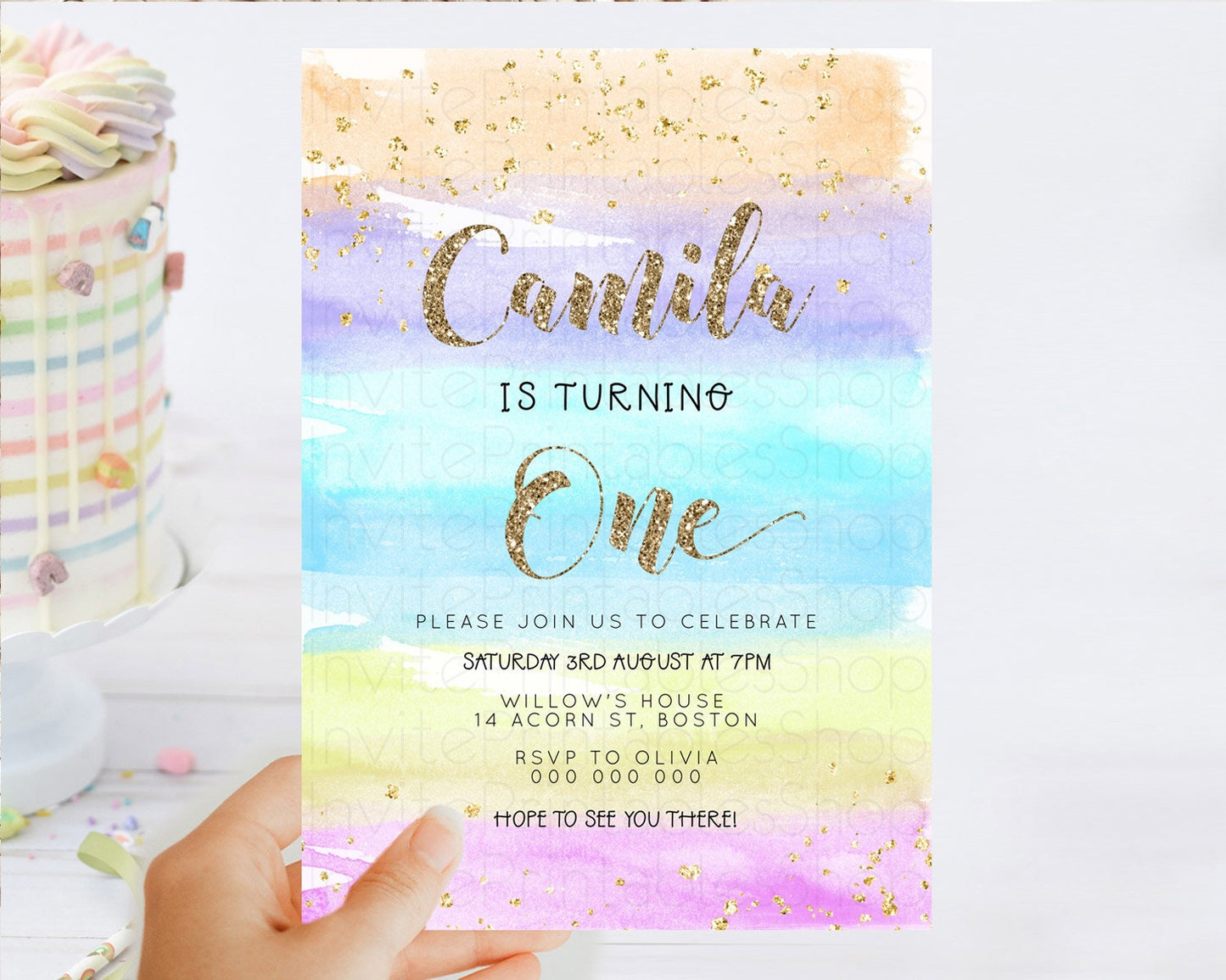 Rainbow Birthday Invitation Colorful Pastel Watercolor Invitation Gold Glitter Sprinkles Ombre Pastel 1st 2nd 3rd Birthday D23271