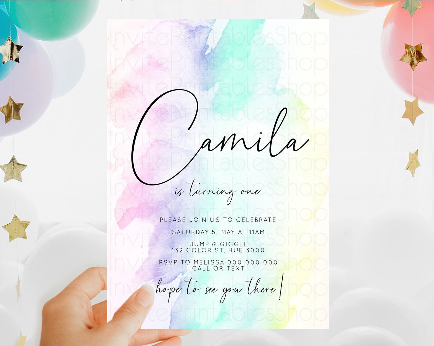 Rainbow Birthday Invitation Colorful Pastel Watercolor Invitation Gold Glitter Sprinkles Ombre Pastel 1st 2nd 3rd Birthday D10231