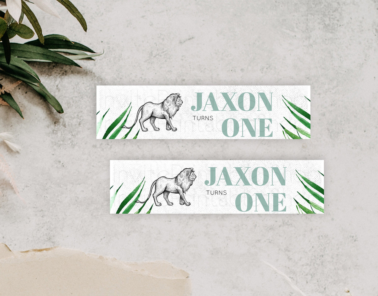 Lion Water Label Template Lion Safari Adventure Party Decor Dried Palm Ferns Zoo Birthday Baptism Baby Shower Bridal Shower Wedding D10845