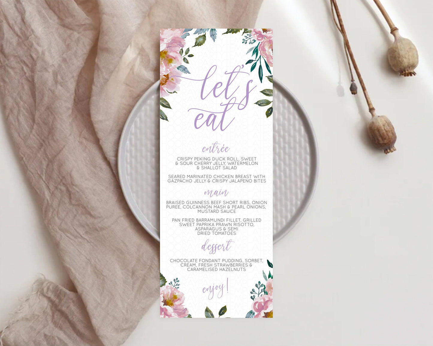 Secret Garden Menu Wildflower Menu Template Pastel Flower Garden Table Decor Boho Floral Dinner Dessert Floral Party Food Menu D10729