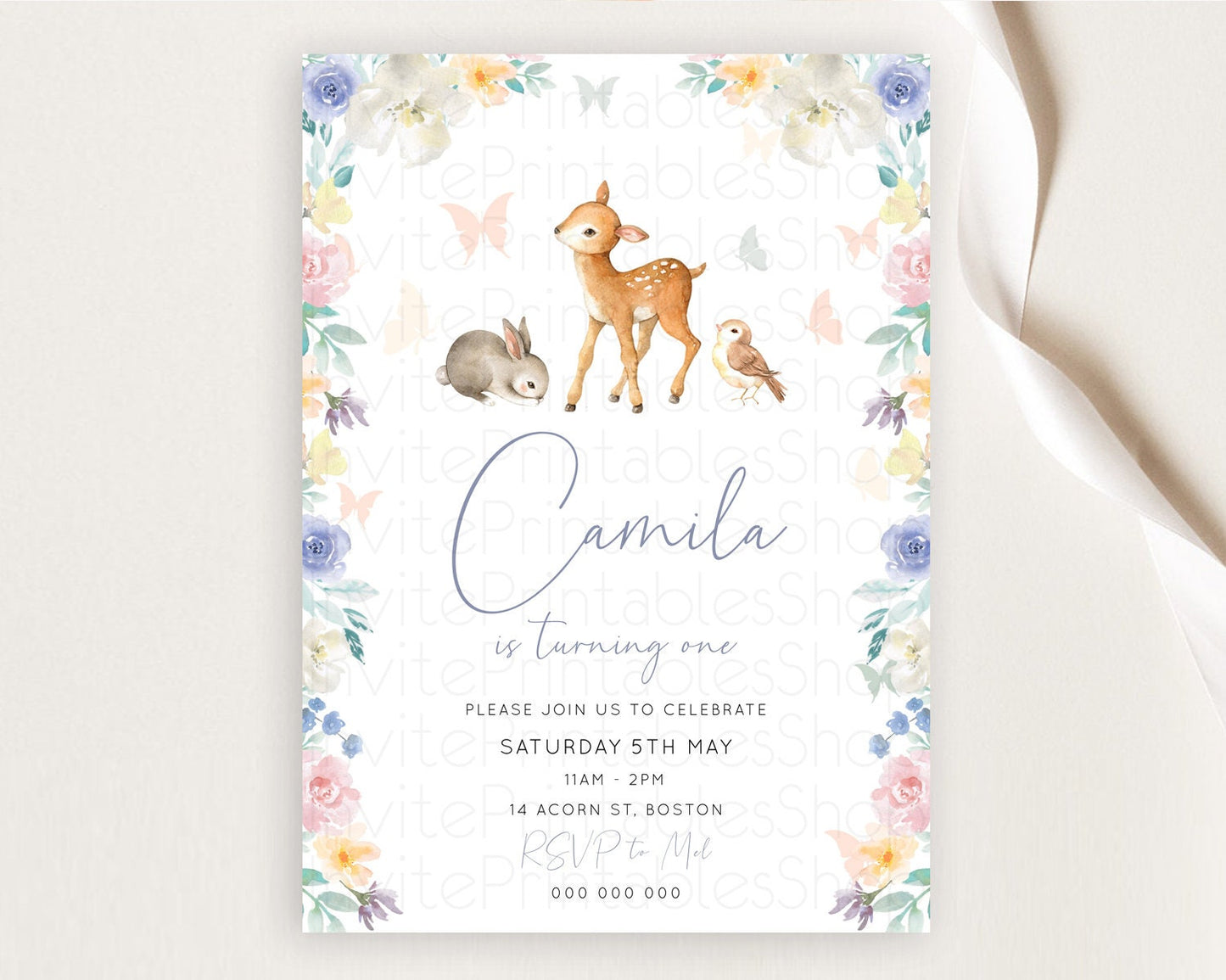 Fawn Birthday Invitation Deer Birthday Invitation Enchanted Forest Party Butterfly Pastel Flowers Whimsical 2nd 1st First Birthday D10930